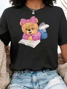Women's Short-Sleeved T-Shirt With Bear Print, Casual Summer Style, Crew Neck, Printed Design, Basic Short-Sleeved Crew Neck. | Sizes 0-5XL | Soft And Breathable Fabric For Sports | 100% Cotton Holiday Wear - 黑色 - 查看 1