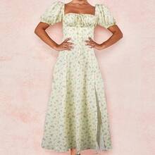 Ditsy Floral Square Neck Midi Dress, Puff Sleeve & Front Slit, Tie Detail For Brunch & Garden PartiesBreathable - 杏色 - 查看 11