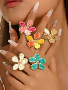 1pc Adjustable Ring, Summer Handmade Woven Floral Open Ring, Multicolor Macaron Contrast Color Rattan Flower Petal Rings, Bohemian Countryside Atmosphere Accessories, Lightweight Luxury Gold Rim Versatile Midi Ring, Beach Vacation Photo Prop, Daily Commute Date Music Festival Sweet Charm Decor - Green - View 4