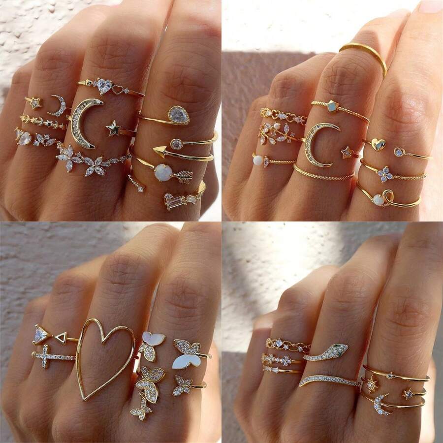 9件套时尚百搭树叶和心形戒指,几何可叠戴珍珠指节戒指套装 - 金黃色 - 查看 1