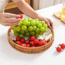 1pc Woven Storage Basket With Handle, Oval Decorative Tray For Kitchen And Dining Room, Vintage Bohemian Fruit Plate (2 Styles Randomly Shipped) - Mocha Brown-with Handle - View 6