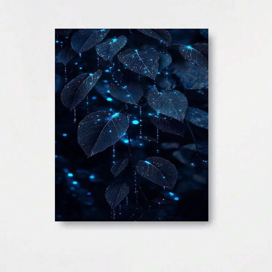 Plano 2D, 1 pieza de pintura en lienzo plana 2D sin marco, arte decorativo de hoja luminosa azul oscuro con detalles de luz de estrellas centelleante para una escena de bosque de ensueño. Varios s disponibles: 12x18, 16x24, 24x36 pulgadas. Un regalo decorativo perfecto para salas de estar - Enmarcado - Ver 1