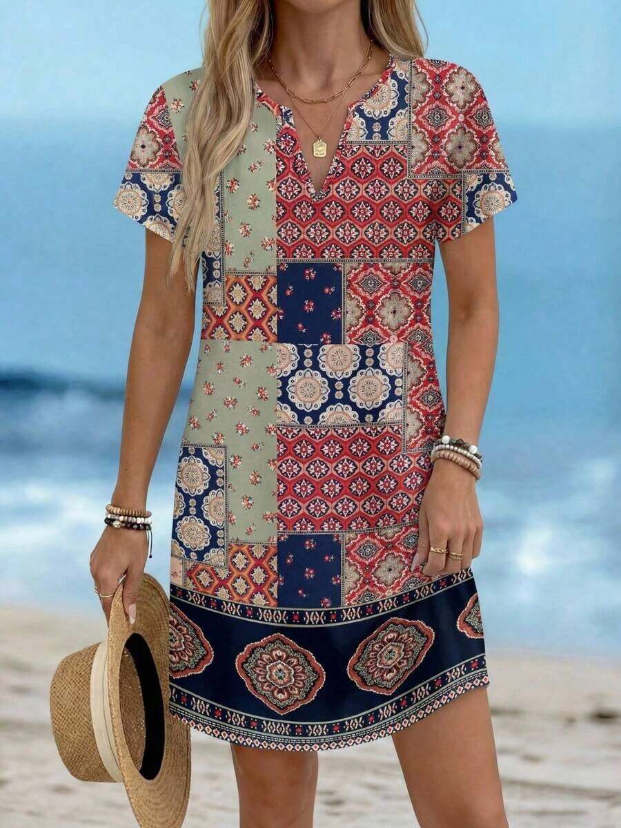 Vestido corto casual para mujer, color blanco con estampado marino de estrellas de mar, caballitos de mar y conchas, cuello en V y mangas cortas, diseño fresco y holgado, ideal para primavera-verano, playa, vacaciones y salidas informales - Multicolor 12 - Ver 1