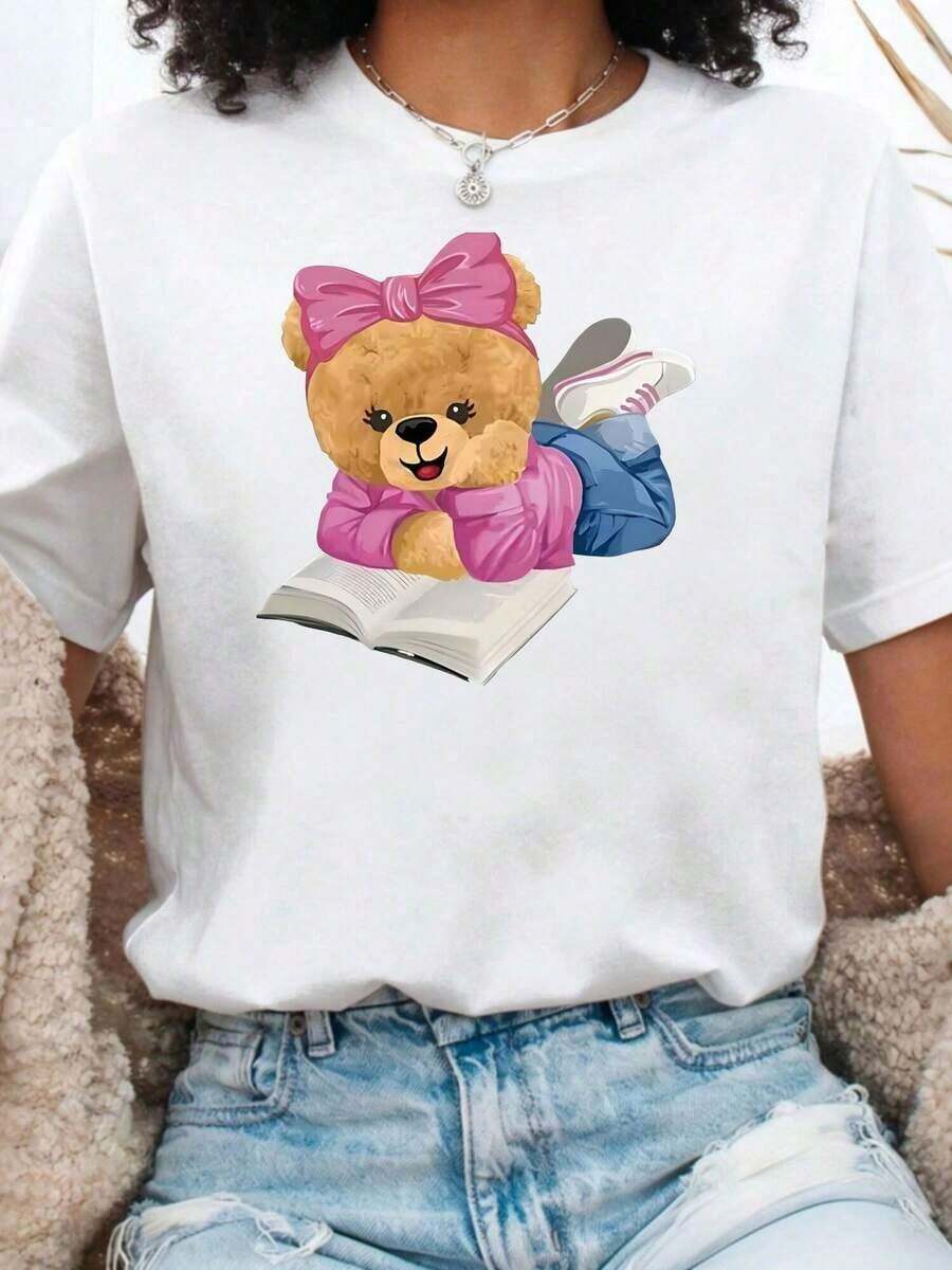 Women's Short-Sleeved T-Shirt With Bear Print, Casual Summer Style, Crew Neck, Printed Design, Basic Short-Sleeved Crew Neck. | Sizes 0-5XL | Soft And Breathable Fabric For Sports | 100% Cotton Holiday Wear - 白色 - 查看 1