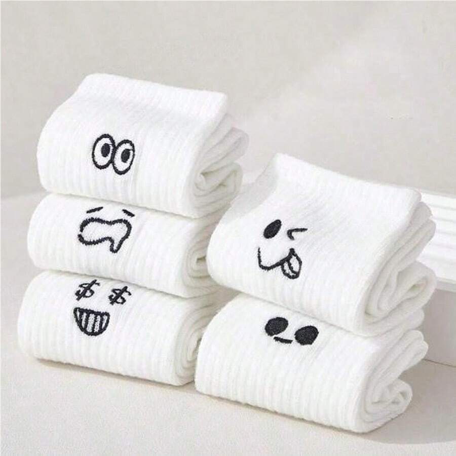 5 đôi màu trắng, hình hoạt hình dễ thương, đơn giản - trắng - Xem 1