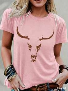 Bullhead Pattern T-Shirt - A Cutting-Edge Choice For Festival Enthusiasts And Bohemian Style Lovers - Fashionable Cowgirl Vibe - Soft Pure Cotton Material New Casual T-Shirts For Men And Women - 粉色 - 查看 3