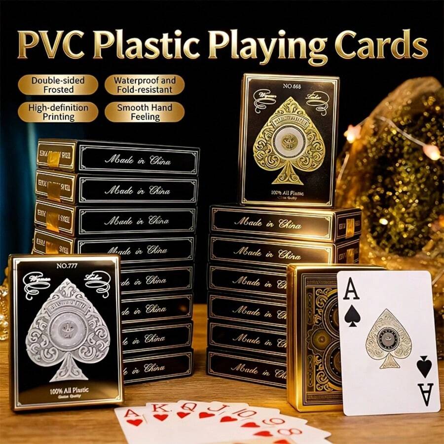 Bộ bài tây cao cấp màu vàng kim bằng nhựa PVC, chống thấm nước, chống gấp, hai mặt mờ, thích hợp cho đêm chơi bài. - Xem 1