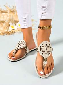 Ximi Ruo Sandal Jepit Kasual Gaya Korea untuk Wanita, Ujung Terbuka, Sandal Roman Anyaman, Cocok untuk Musim Semi, Musim Panas, Pantai, Liburan, Dipadukan dengan Gaun, Cokelat, Sandal Jepit - Krem - View 4