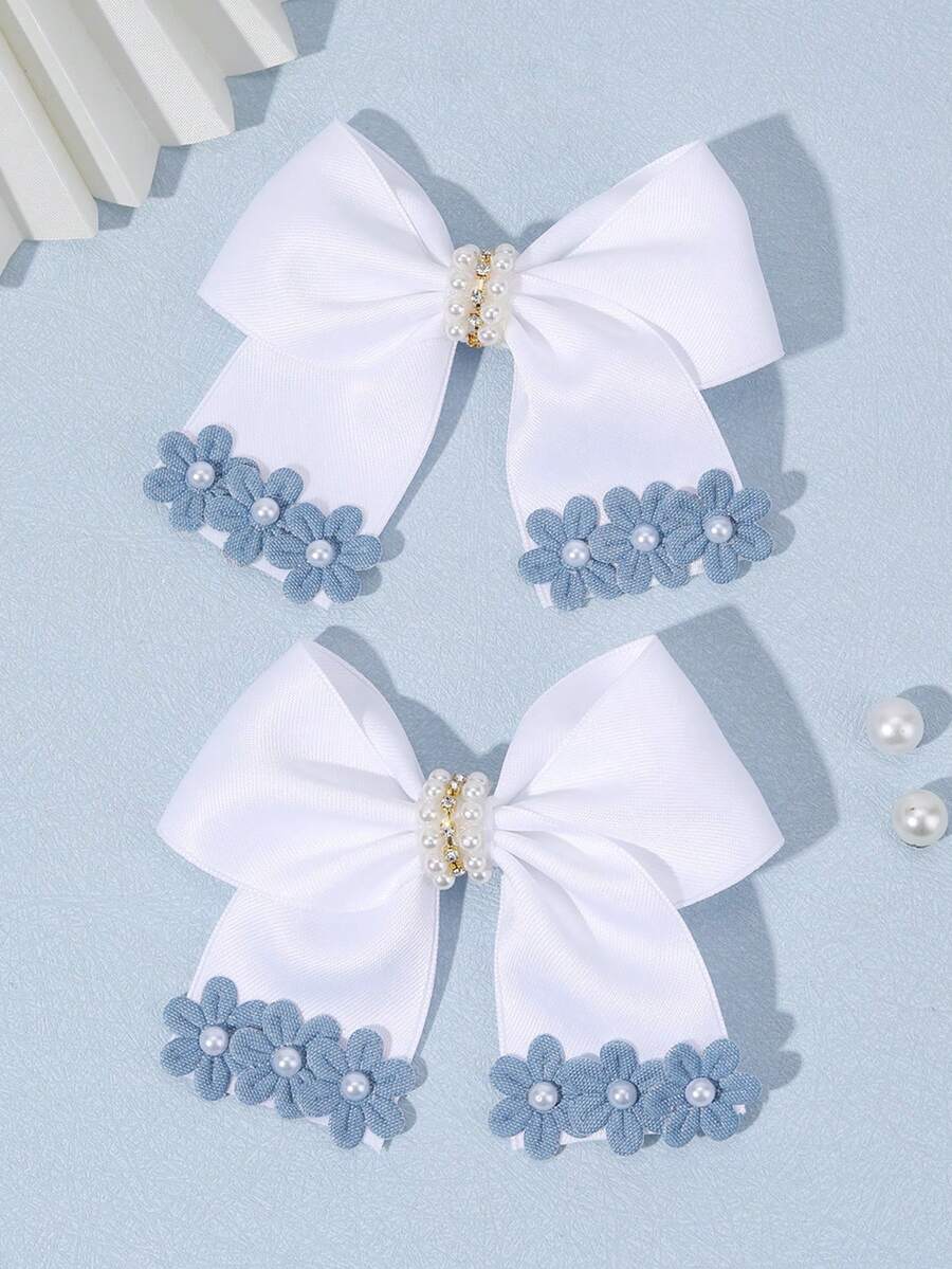 2 piezas Pinzas para el cabello con lazo floral azul, Pinzas para el cabello con flor blanca, Pinzas para el cabello de boda elegantes con cinta, Pasadores para el cabello con perlas brillantes, Accesorios para el cabello de verano dulces para niñas, regalos para maestros, uso diario - Multicolor - Ver 1