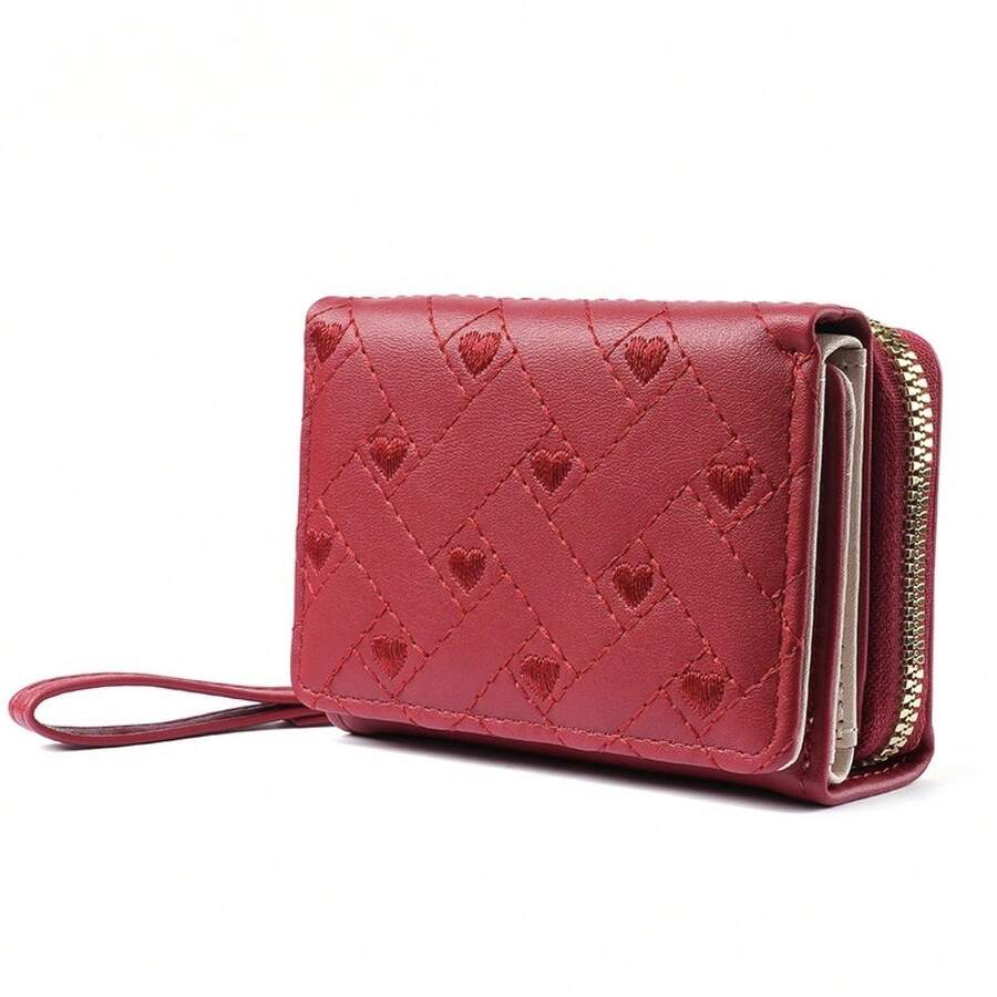 Women's Wallet With Microfiber, Embroidered Heart Coin Purse, 70% Off Card Holder, PU Leather Multi-Card Slot Card Holder - Red - View 1