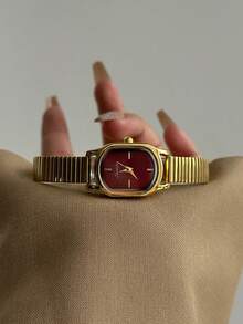 1pc Gold/Silver Square Bamboo Quartz Watch, Suitable For Daily Wear, Birthday & Christmas Gift - Gold - View 7