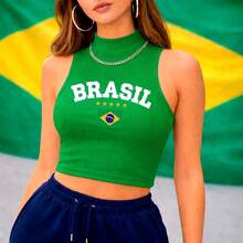 Cropped High Neck Ribbed Tank Top Sizes P To GG With "BRAZIL" Written On It Summer Fashion Women's Blouse - Green - View 2