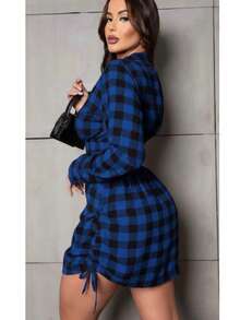 Women's Long-Sleeved Checkered Shirt Dress With Adjustable Buttons And Side Tie – Elegant, Modern, And Super  For Winter, June Festival, And Saint John's Day. - 藍色 - 查看 1