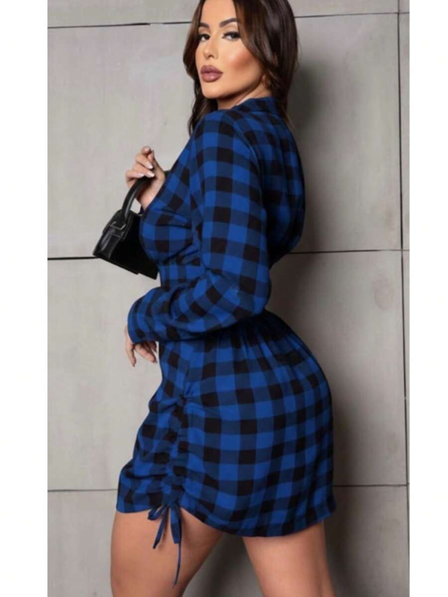 Women's Long-Sleeved Checkered Shirt Dress With Adjustable Buttons And Side Tie – Elegant, Modern, And Super For Winter, June Festival, And Saint John's Day. - 藍色 - 查看 1