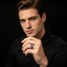 1pc Men's Fashion Stainless Steel Ring Inlaid With Streamer Texture Stone Pattern Design Is Unique And Polished With A Strong Glossy Texture, Suitable For Daily Wear Or Gift-Giving - Silver - View 7