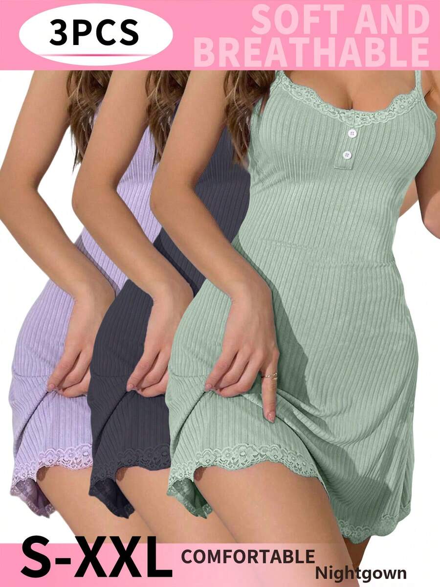 Night Gowns For Women,3-Piece Set: Women's Sexy Lace-Trimmed Slip Dress, Casual & Breathable Loungewear/Sleepwear - A Perfect Gift For Her - 1589-3E - 查看 1
