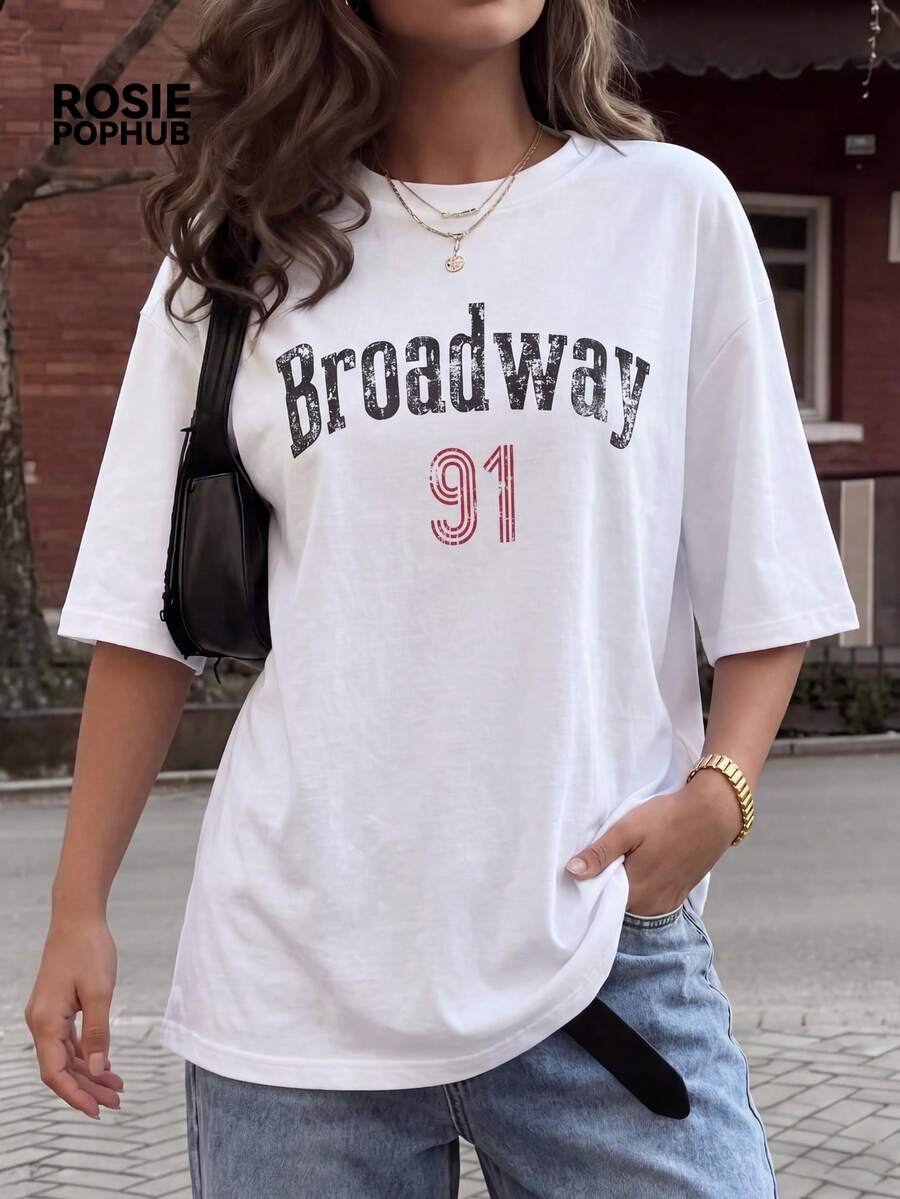Camiseta de mujer ROSIE POPHUB de cuello redondo blanca, holgada y casual, con estampado de letras retro de manga corta para calle, diario y verano - Blanco - Ver 1