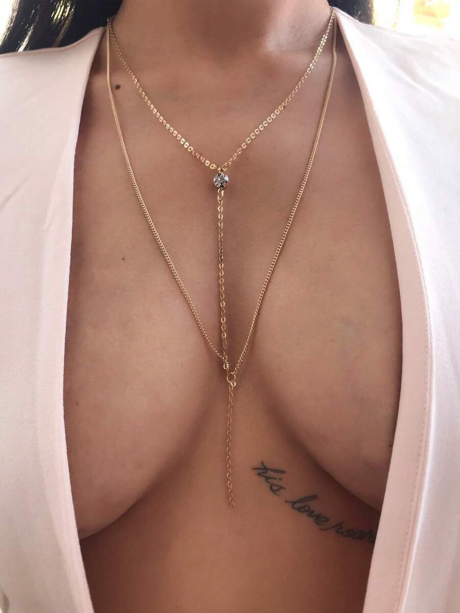 1pc Y-Shape Chain Necklace, Minimalist Long Rope Necklace, Elegant Sexy Chest Chain, Suitable For Beach, Party - Gold - View 1