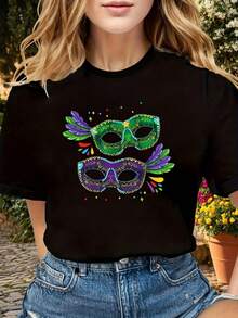 ¡Fiesta del Carnaval del Día Nacional de Brasil! Hermosa camiseta con estampado de máscara - Camiseta casual de manga corta con cuello redondo para mujer, animada y divertida, perfecta para compras informales, regalos navideños y reuniones con amigos. - Negro - Ver 4