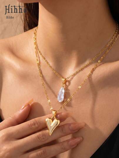 Hihho 2pcs/Set Minimalist Metal Heart Pendant Necklace, Versatile Metal Necklace Suitable For Daily Wear, Work, Hangout With Friends