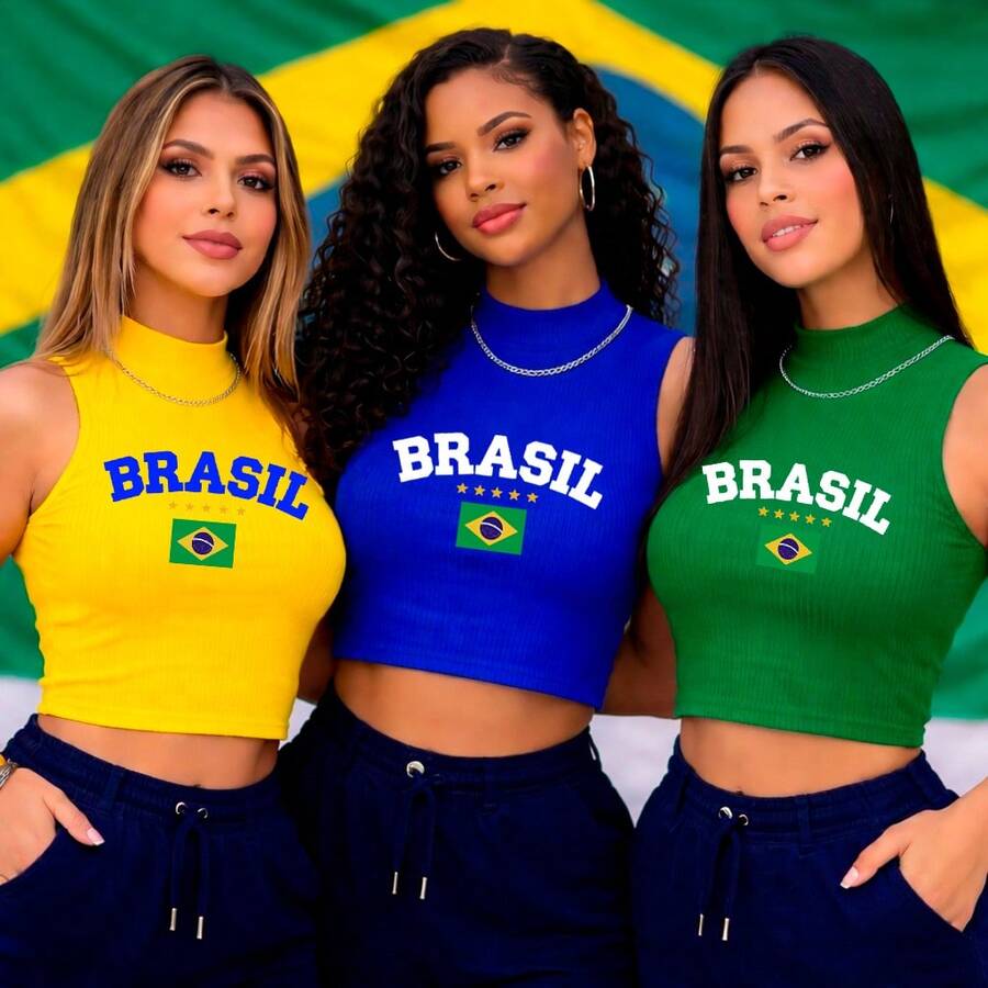 Cropped High Neck Ribbed Tank Top Sizes P To GG With "BRAZIL" Written On It Summer Fashion Women's Blouse - Blue - View 1