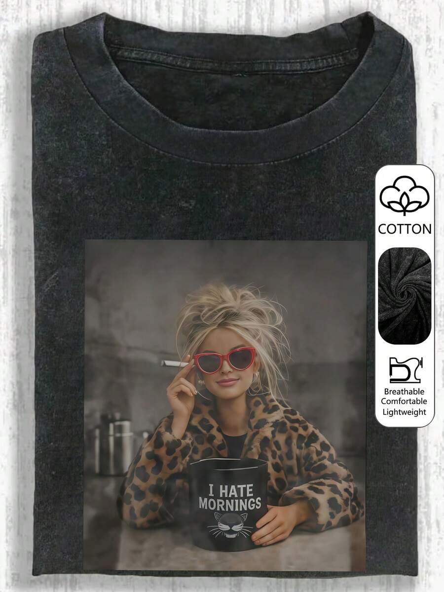 Plus Size Women "I Hate Mornings" Portrait Round Neck Short Sleeve Casual T-Shirt Top, Suitable For Spring, Summer And Autumn Black - Black - View 1