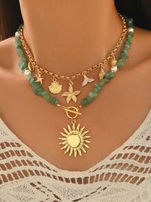 1pc Colorful Beaded Y-Shaped Clasp Necklace With Shell & Starfish Pendants, Unique Beach Vacation Style Jewelry For Daily Wear And Party, Random Assorted Stone Colors And Shapes - Multicolor - View 1