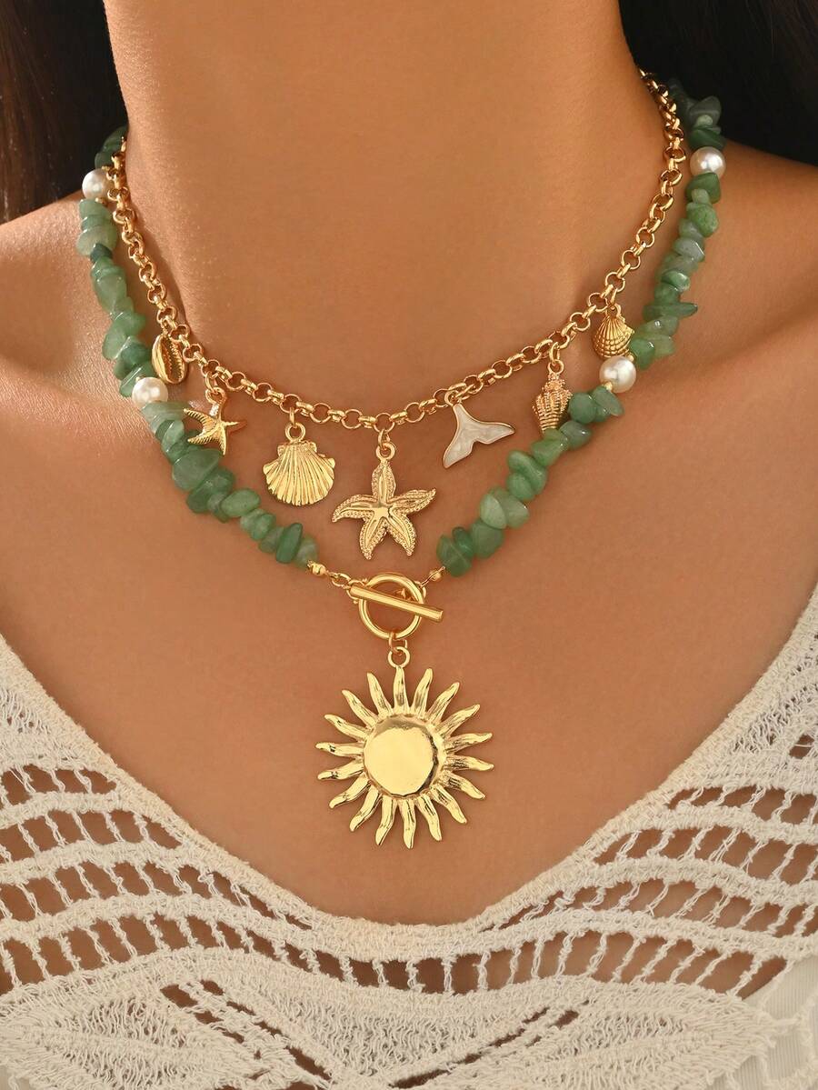 1pc Colorful Beaded Y-Shaped Clasp Necklace With Shell & Starfish Pendants, Unique Beach Vacation Style Jewelry For Daily Wear And Party, Random Assorted Stone Colors And Shapes - Multicolor - View 1
