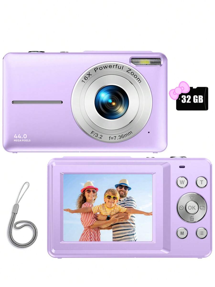 Nicamery Kamera Digital Kompak 44MP FHD 1080P untuk Remaja, Zoom 16X, dengan Kartu Memori 32GB, Tali Leher, Hadiah Ideal untuk Pemula