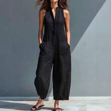 Women's Casual Sleeveless Jumpsuit, Stand Collar Button Down Wide Leg Romper With Pockets - 杏色 - 查看 3