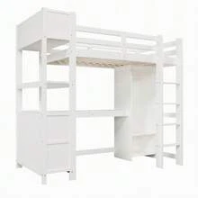Loft Bed, 90 X 200 Cm, Shelves, Ample Storage, Desk, Wardrobe, Mattress Not Included, White - White - View 7