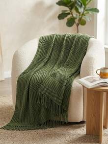 Solid Color Diamond Knitted Throw Blanket With Fringe, Soft Warm Boho Blanket For Couch, Bed, Sofa & Home Decor - P-green - View 7