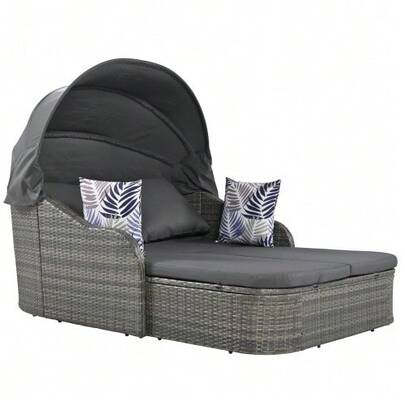 Sunneninsel, Garden Lounge Set, PE Rattan With Adjustable Canopy, Outdoor Terraces With Sun Deck Made Of Rattan, Double Lounge With 4 Seats And Open Seating For Garden, Pool, Grey