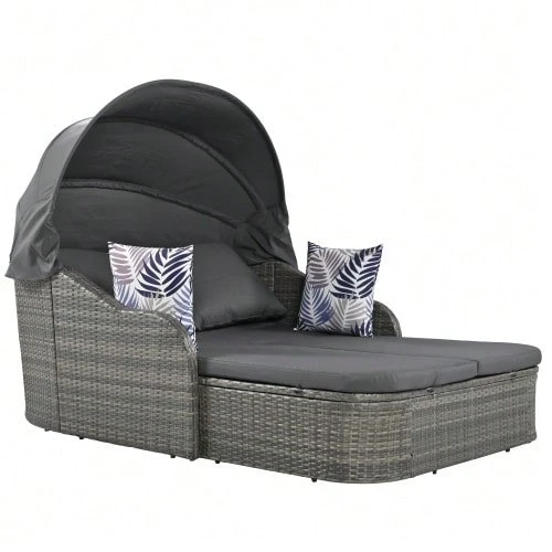Sunneninsel, Garden Lounge Set, PE Rattan With Adjustable Canopy, Outdoor Terraces With Sun Deck Made Of Rattan, Double Lounge With 4 Seats And Open Seating For Garden, Pool, Grey - 灰色 - 查看 1