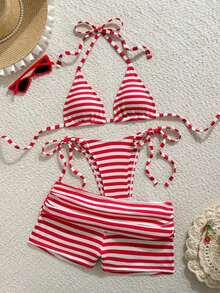Costavie Nuevo conjunto de traje de baño de 3 piezas para mujer con estampado de lunares, parte superior de triángulo micro con lazos laterales y Bottom fruncida para vacaciones de verano, fiestas y tardes de té. Conjunto de 2 piezas a rayas rojas y blancas para vacaciones. Conjunto de bikini a rayas. Conjunto de 2 piezas a rayas para la playa. - Rojo y blanco - Ver 2