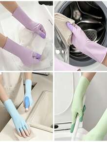 3 Pairs + 1 Piece Household Cleaning Latex Gloves, Soft & Comfortable Fit, Reusable, Suitable For Small Hands, Anti-Slip Fingertips, Applicable For Kitchen, Bathroom, Home Cleaning, Car Care, Pet Care, Dishwashing, Laundry, Stain Removal, Deep Cleaning, Household Essential - Multicolor - View 4