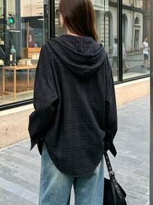 2025 格紋印花休閒女款長袖鈕扣連帽襯衫 黑色 - 黑色 - 查看 2