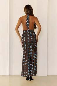 Women's Sexy Polka Dot Halter Long Dress Sleeveless Bodycon Fit And Flare With Ruched Details, Elegant And Stylish For Summer Events - màu nâu - Xem 7