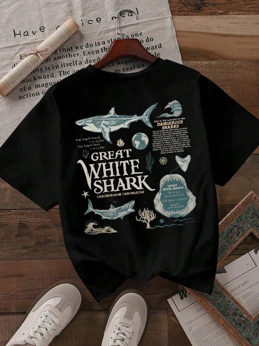 Women's Plus Size Retro Great White Shark T-Shirt - A Gift For Marine Animal Lovers, Marine Anatomy & Biology Enthusiasts - A Cute Casual Summer T-Shirt For Marine Conservation - 黑色 - 查看 1