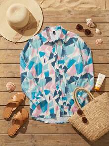 Women's Abstract Print Shirt – Short Sleeve, Colorful Geometric Pattern, Button Up, Lapel Collar, Casual Loose Fit - Multicolor - View 2