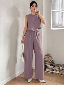 Conjunto de dos piezas para mujer, top sin mangas irregular gris y pantalones anchos.Tejido texturizado transpirable y cómodo, ideal para verano, trabajo y looks casuales. - Rosa - Ver 3