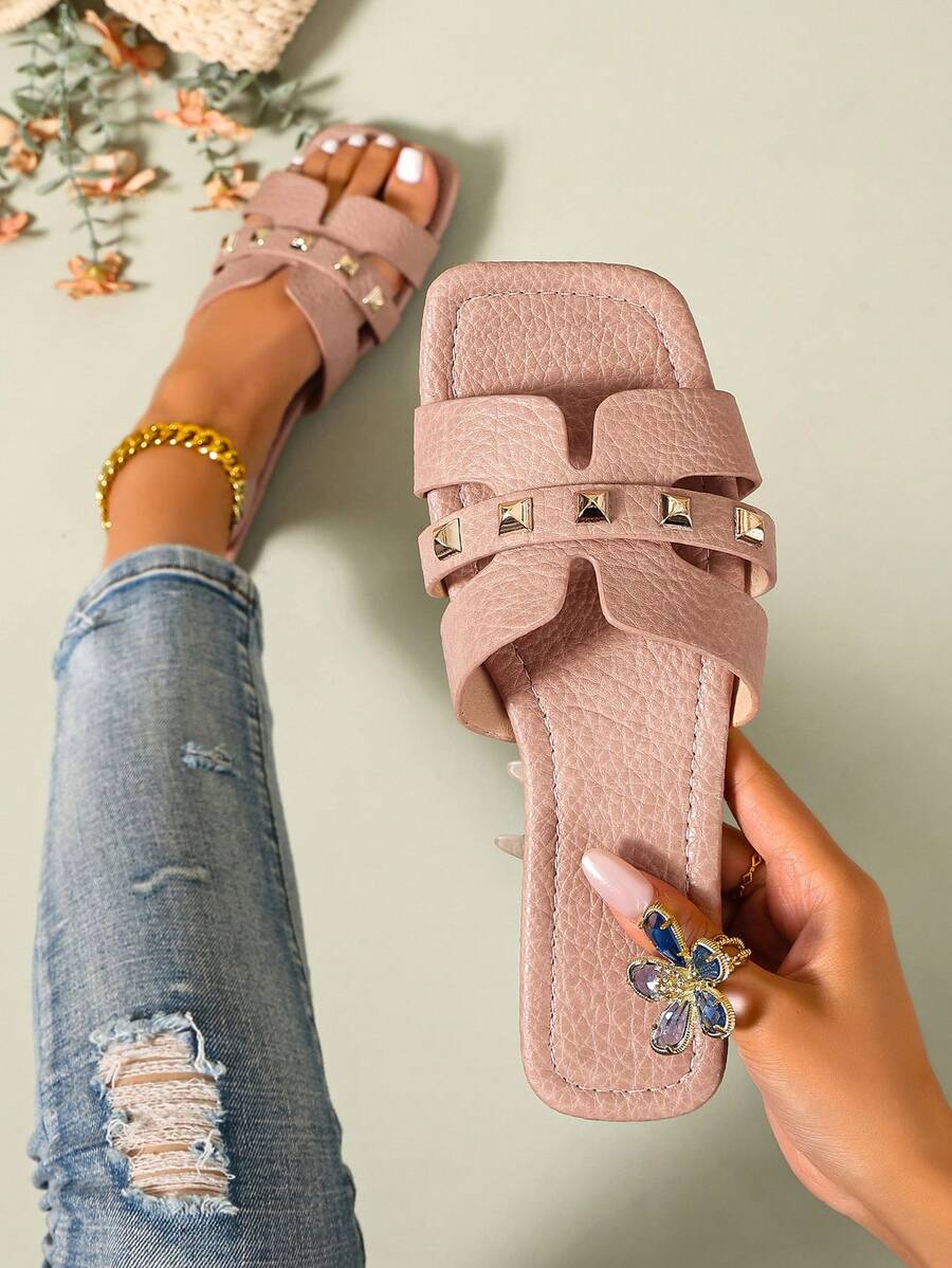 Ximi Ruo New Spring/Summer Fashion Casual Strap Slide Sandals, Comfortable Flat Heel Round Toe Beach Slippers, Versatile Slip-On Sandals For Women - Pink - View 1