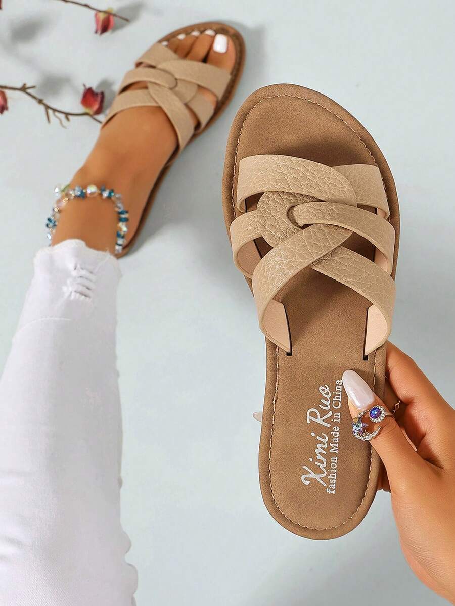 Ximi Ruo Korean Style Casual Flat Slippers, Women's Shoes, Open Toe Sandals For Spring, Summer, Suitable For Dresses, Beach, Apartment, Brown Color - Apricot - View 1
