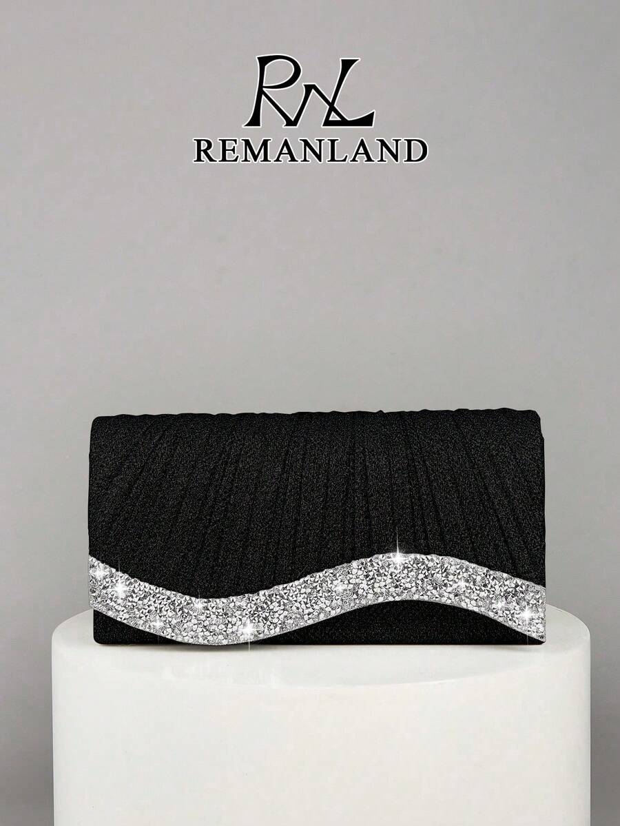 REMANLAND 1个女士迷你亮片链条折叠方形手提包,适合婚礼、派对、晚宴、舞会和正式场合,优雅时尚的配饰,可搭配晚礼服、亮片连衣裙和新娘造型。 - 黑色 - 查看 1