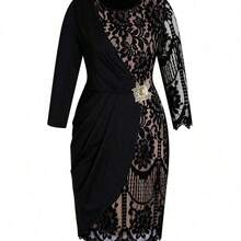 Curvy Plus Size Women's Romantic Black Floral Lace Patchwork Ruffled Elegant Long Sleeve Waist Hip Dress, High Stretch Knit Fabric,Wrap Dress,Black Formal Dress For Women,Elegant Dress,Fall Clothes For Women,Winter Clothes For Women ,Autumn, Winter Outfit For Women,Night Out, , Old Money Style Women,Suitable For Multiple Occasions,Halloween,Christmas,Winter Dresses For Women ,Fall Wedding t Dress, Homecoming Dress ,Hoco Dressses, Date Night Outfits Women,Going Out Dress, Wedding - Negro - Ver 11