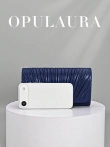OpulAura 時尚亮面翻蓋晚宴包 高級奢華 PU 皮革派對手拿包 低調奢華閃亮晚宴包 正式包款 金屬感皮革女包 歐美風信封鏈條包 斜跨包 適合舞會、派對、雞尾酒會、生日派對禮服搭配，適合作為生日禮物、新娘手拿包 - 藏蓝色 - 查看 5
