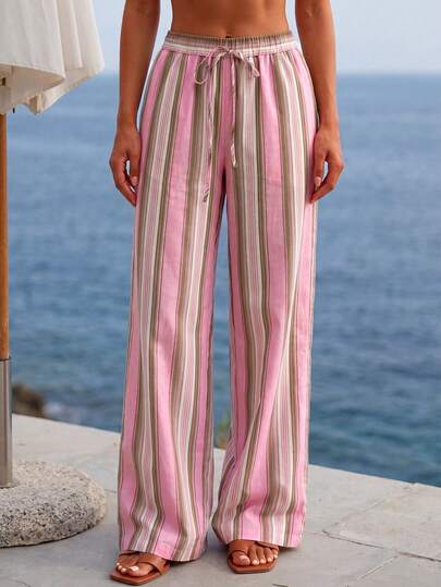 Women's Pink & Brown Striped Drawstring Waist Wide Leg Casual Pants, Summer Linen Trousers For Holiday