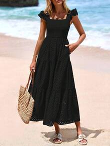 Women's Summer Square Collar Long Dress With Sleeve Cap Hole Eye Ruffles Layered A-Line Casual Vacation Long Skirt With Pockets - Black - View 4