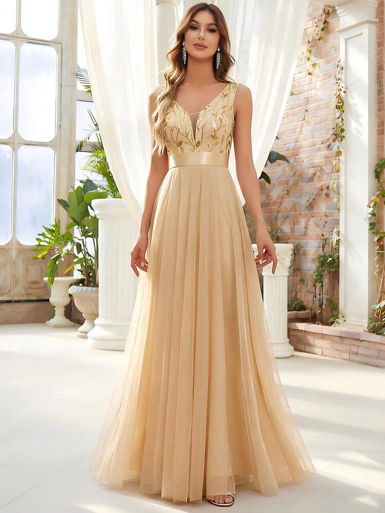 V-Neck Sleeveless Embroidered Mesh A-Line Formal Bridesmaid Dress, Gold Elegant Party Dress, Formal Wedding Guest Dress, Graduation Ceremony Dress, Evening Gown Spring - Gold - View 3