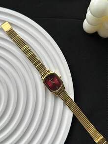 1pc Gold/Silver Square Bamboo Quartz Watch, Suitable For Daily Wear, Birthday & Christmas Gift - Gold - View 2